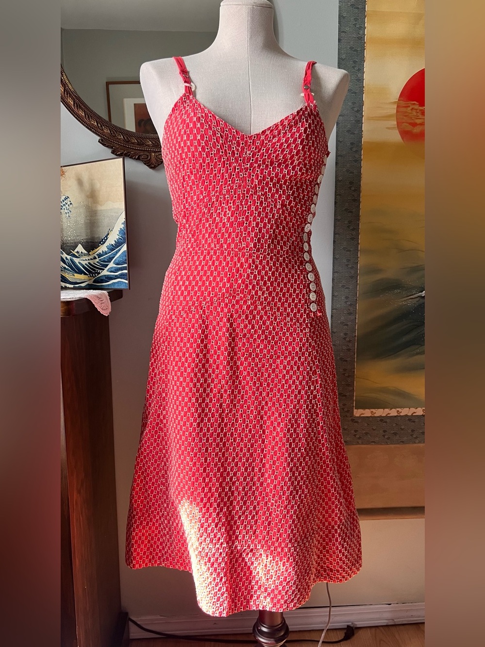 Marc Jacobs Red embroidered Midi Dress with Side Buttons